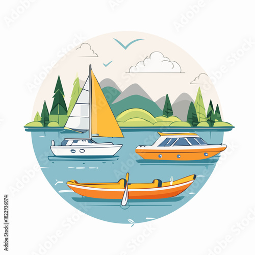 Boats on the water with mountains and trees in the background.