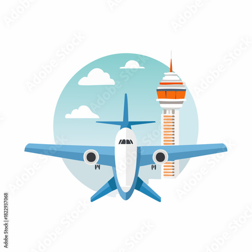 Airplane and Air Traffic Control Tower at Airport.