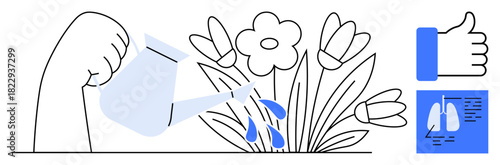 Growth concept. Growth ed by watering flowers and promoting healthy habits. Growth linked to care, development, and positive reinforcement. For wellness, nature, health, personal development