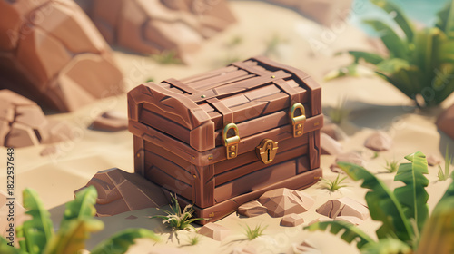 Fototapeta Naklejka Na Ścianę i Meble -  Half buried 3d isometric low poly clay treasure chest