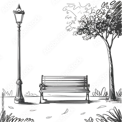 Sketch of a park bench and lamppost under a tree