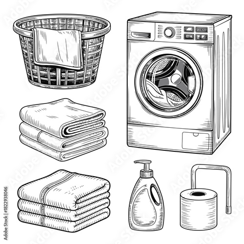 Hand drawn laundry basket washing machine and clean towels illustration