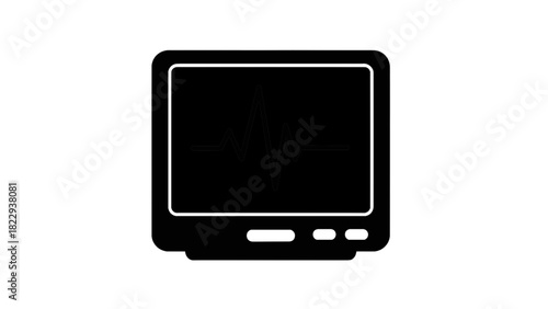Vector illustration of black and white icon representing a heart rate monitor displaying a normal sinus rhythm electrocardiogram line isolated on transparent background