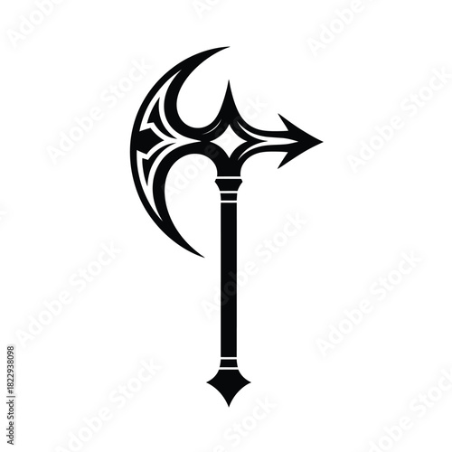Stylized black silhouette of a fantasy battle axe with arrowhead