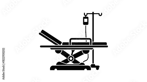 Vector illustration of black and white icon of a hospital operating table with an intravenous drip stand isolated on transparent background