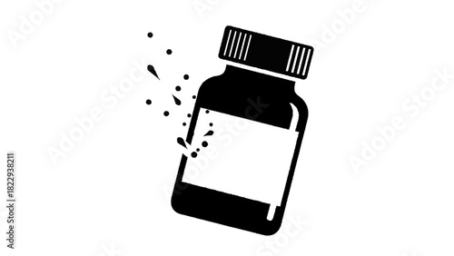Vector illustration of black and white icon of a medicine bottle spilling small particles or pills, isolated on transparent background