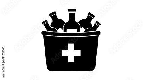 Vector illustration of black and white icon of a bucket with bottles and a medical cross sign isolated on transparent background