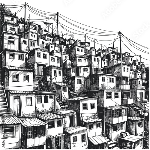Densely packed houses on a steep hillside in black and white sketch