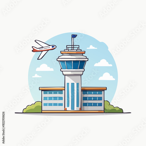 Airport Control Tower with Airplane Illustration.