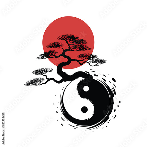 Japanese bonsai tree and yin yang symbol under a red sun