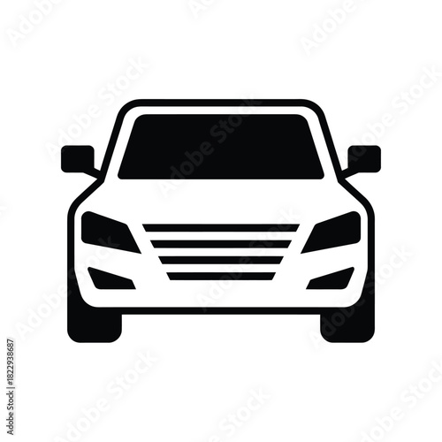 Front view of a modern car icon in black and white