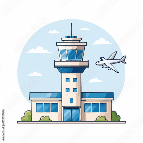 Airport Control Tower with Airplane Illustration.