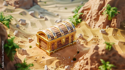 Fototapeta Naklejka Na Ścianę i Meble -  Half buried 3d isometric low poly clay treasure chest