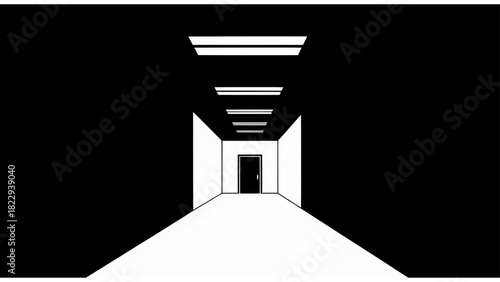 Vector illustration of abstract black and white hallway with a door at the end creating a sense of depth and mystery isolated on transparent background