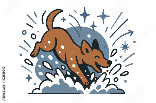Joyful Winter Dive. Winter fun burst. Dog joyfully diving into a pile of snow with snow spray and glowing