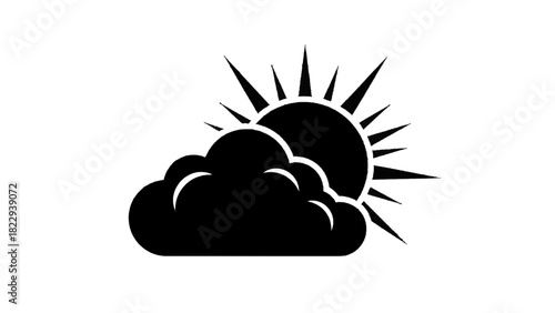 Vector illustration of black and white icon silhouette of sun partially hidden behind a fluffy cloud, isolated on transparent background