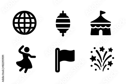 International Festival Icons. International Festivals. Filled icon set of International Festivals: globe, drum