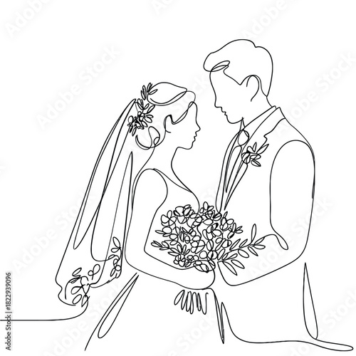 Elegant line drawing of a bride and groom embracing on wedding day