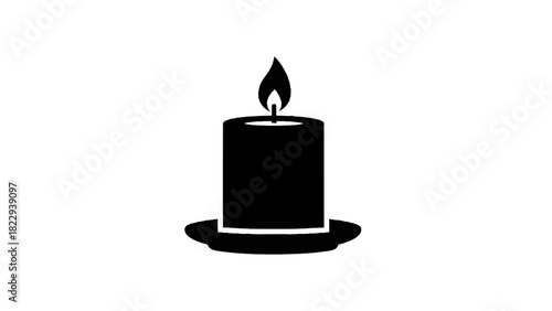 Vector illustration of black and white silhouette icon of a single burning candle isolated on transparent background