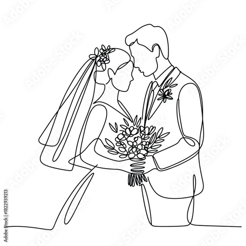 Elegant line art of a bride and groom embracing on wedding day