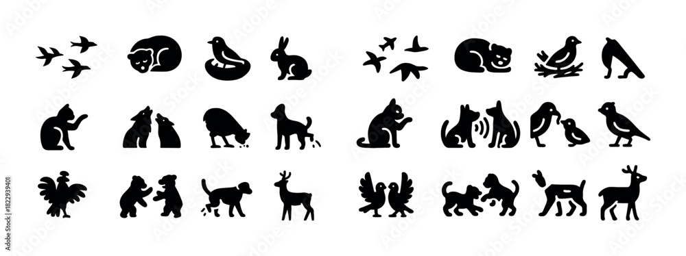 Obraz premium Animal silhouettes collection: birds, cats, dogs, deer, bears in black outline