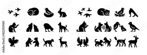 Animal silhouettes collection: birds, cats, dogs, deer, bears in black outline
