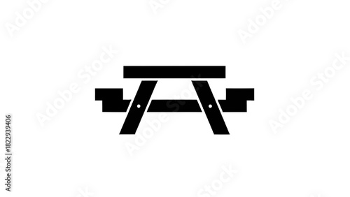Vector illustration of simple black silhouette icon of a picnic table with attached benches, isolated on transparent background
