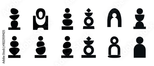 Minimalist geometric icons set of twelve in black and white