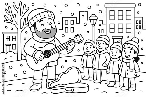 Winter Street Musician. Street musician in winter children?s coloring book illustration, outlined drawing,