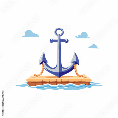 Anchor on a wooden raft floating in the water with clouds.