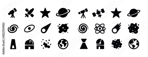 Astronomy icons collection: telescope, satellite, star, planet, galaxy, asteroid symbols