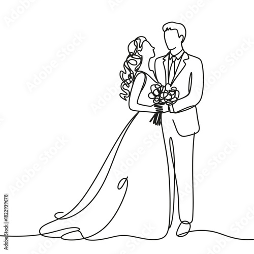 Elegant line art drawing of a bride and groom holding flowers