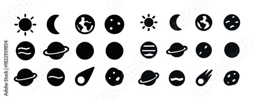 Black and white celestial symbols: sun, moon, earth, planets, comets, asteroids