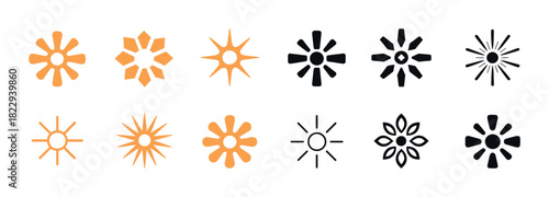 Geometric sunburst icons in black and orange abstract symbol collection