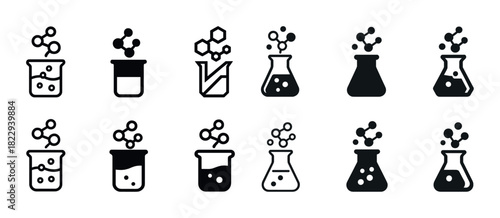 Monochrome chemistry icons set featuring beakers and flasks with molecules