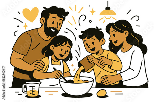 Family Cooking Fun. Cooking together. Children pouring ingredients into a bowl while parents guide them, warm