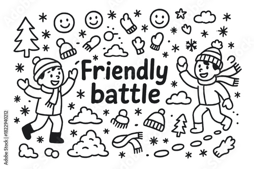 Friendly Snowball Fight. Friendly battle. Hand-drawn doodle illustration of friendly battle. Kids throwing