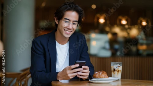 Smiling young man in cafe using smartphone with coffee and croissant
