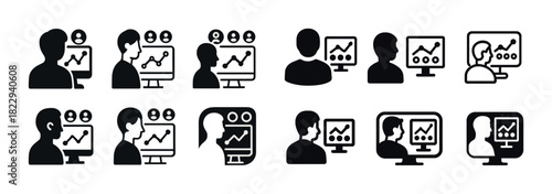 Black and white business icons: charts, monitors, avatars, conversations