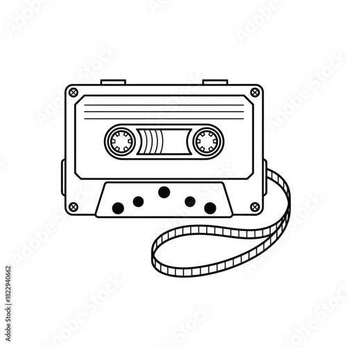 Retro cassette tape with unwound magnetic tape illustration