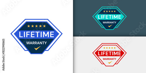 Lifetime warranty badge logo design. Premium certified  lifetime warranty label design with 5 stars rating.