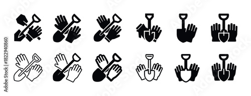 Set of garden shovel and gloves icons in black and white