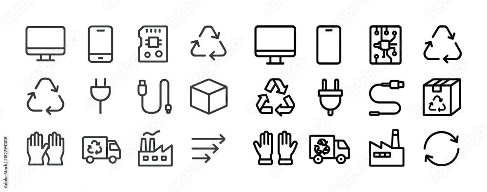 Fototapeta premium Electronic recycling icons: monitor, plug, box, circuit, factory, truck, hands