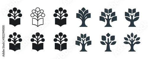 Abstract tree and book icon set with leaf designs