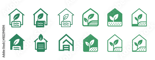 Eco-friendly house icons with leaf and plant designs in green