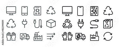 Electronic recycling icons: monitor, plug, box, circuit, factory, truck, hands