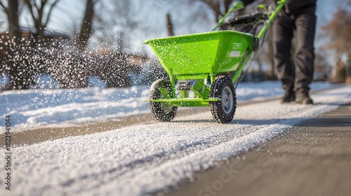 A person uses a push spreader to spread de-icing agent on a partially snow-covered concrete sidewalk. This is a real-life scene used for safety and snow removal during winter maintenance work
