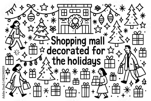 Festive Mall Doodle. Shopping mall decorated for the holidays. Hand-drawn doodle illustration of shopping mall