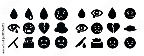 Sadness and grief icons: teardrop, broken heart, crying face, tissue box, cloud