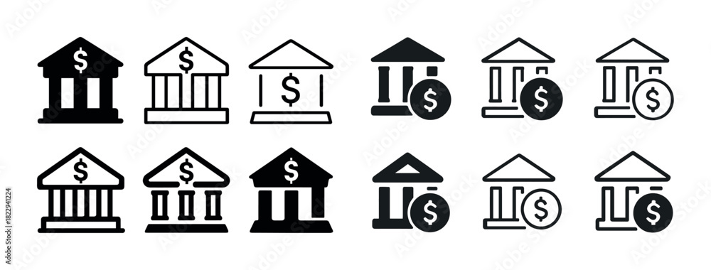 Obraz premium Set of bank icons: money, currency, finance, dollar symbols